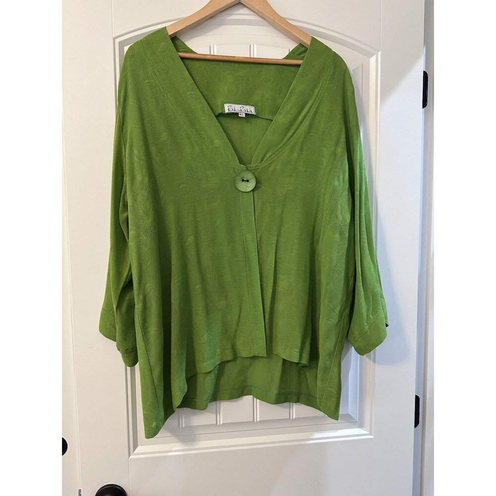 PalaPala Womens Blouse Top Size M/L GreenFloral Embroidered Lagenlook 3/4 Sleeve